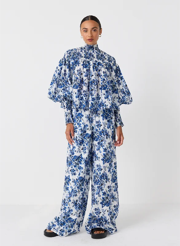 French Retro Sophia Silk Cotton Palazzo Pant | Vintage Rose Print
