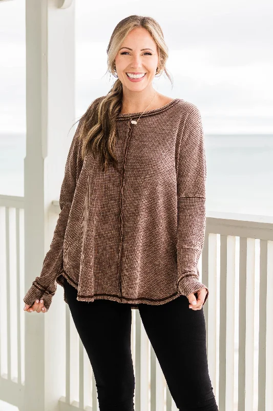 French Style Cozy Waffle Pullover, Brown