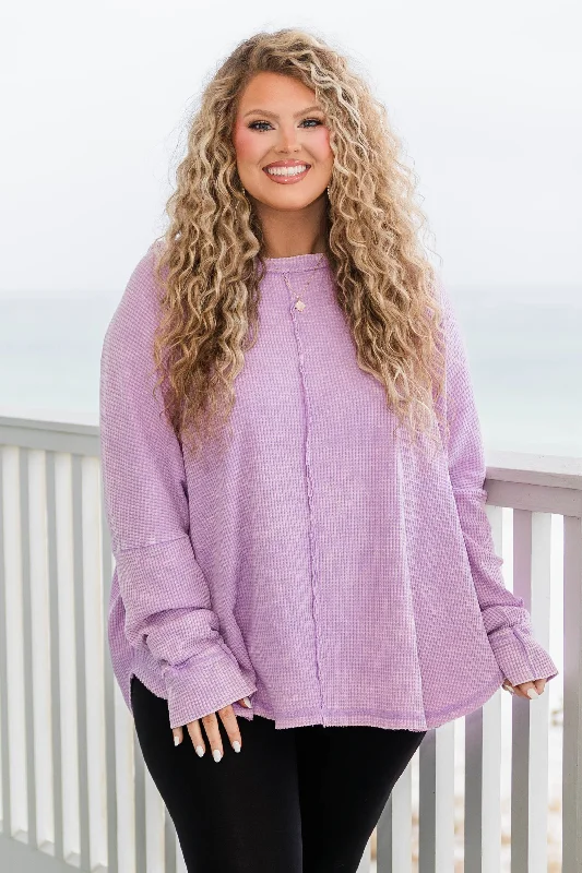 Fresh And Fashionable Cozy Waffle Pullover, Bright Lavender