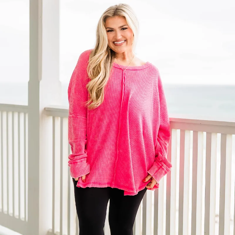 Fresh And Capable Cozy Waffle Pullover, Fuchsia