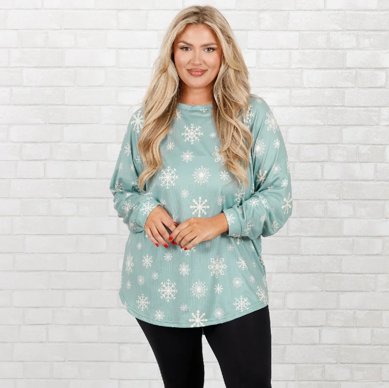 Embroidery Design Curved Hem Slouchy Dolman Tunic, Festive Mint Snowflake