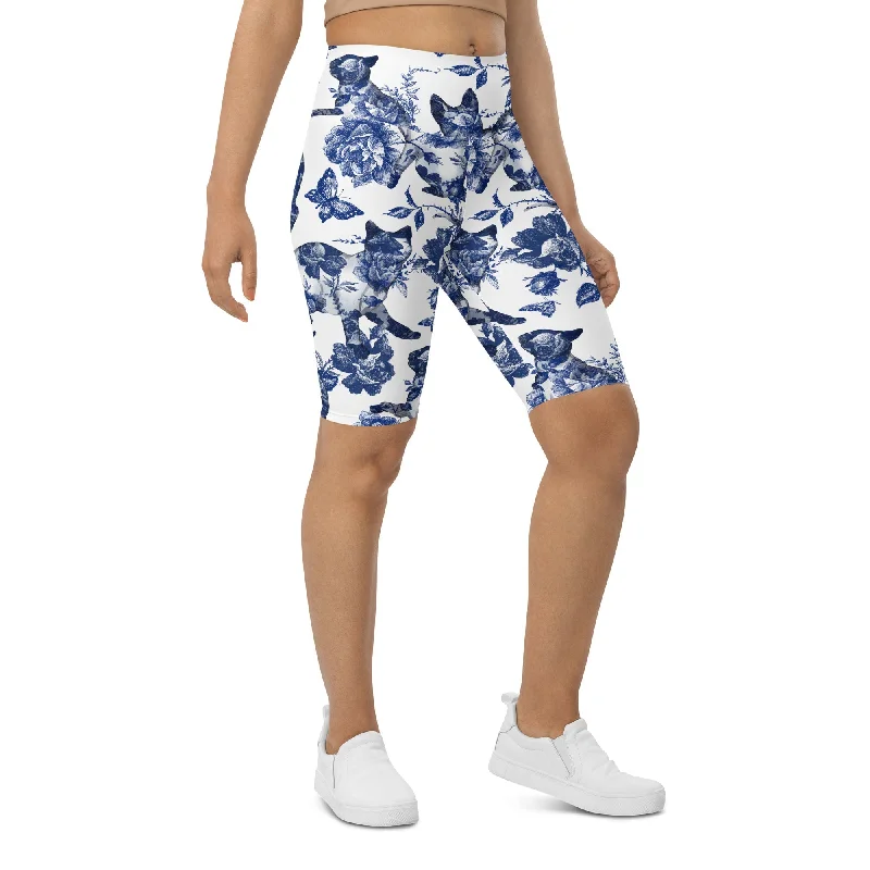 Effortless Style Floral Porcelain Cats Biker Shorts