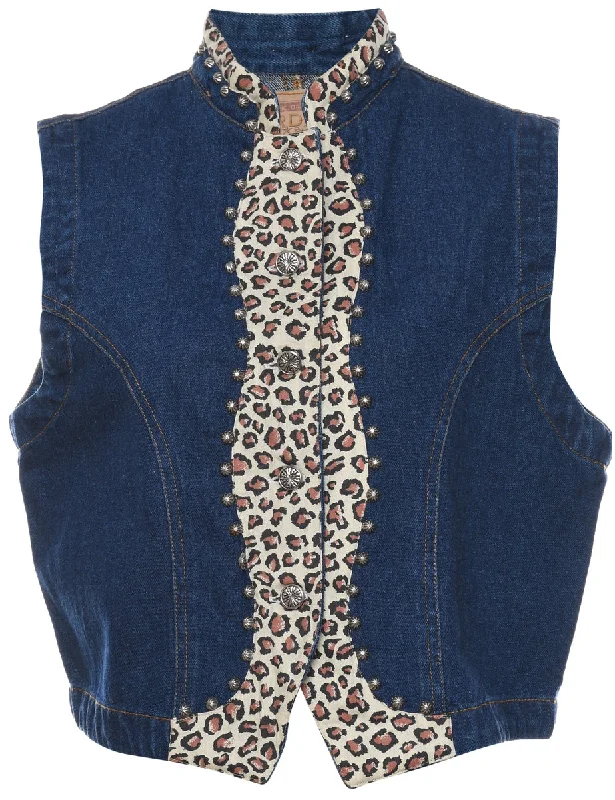 Leopard Print Dark Wash & Leopard Print Denim Vest - L