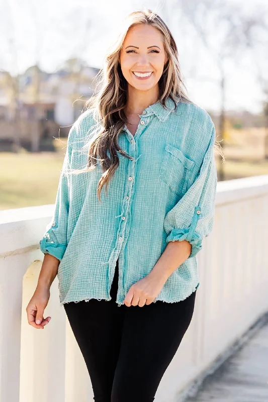 Minimal Comfort Popular Phrase Top, Dusty Teal