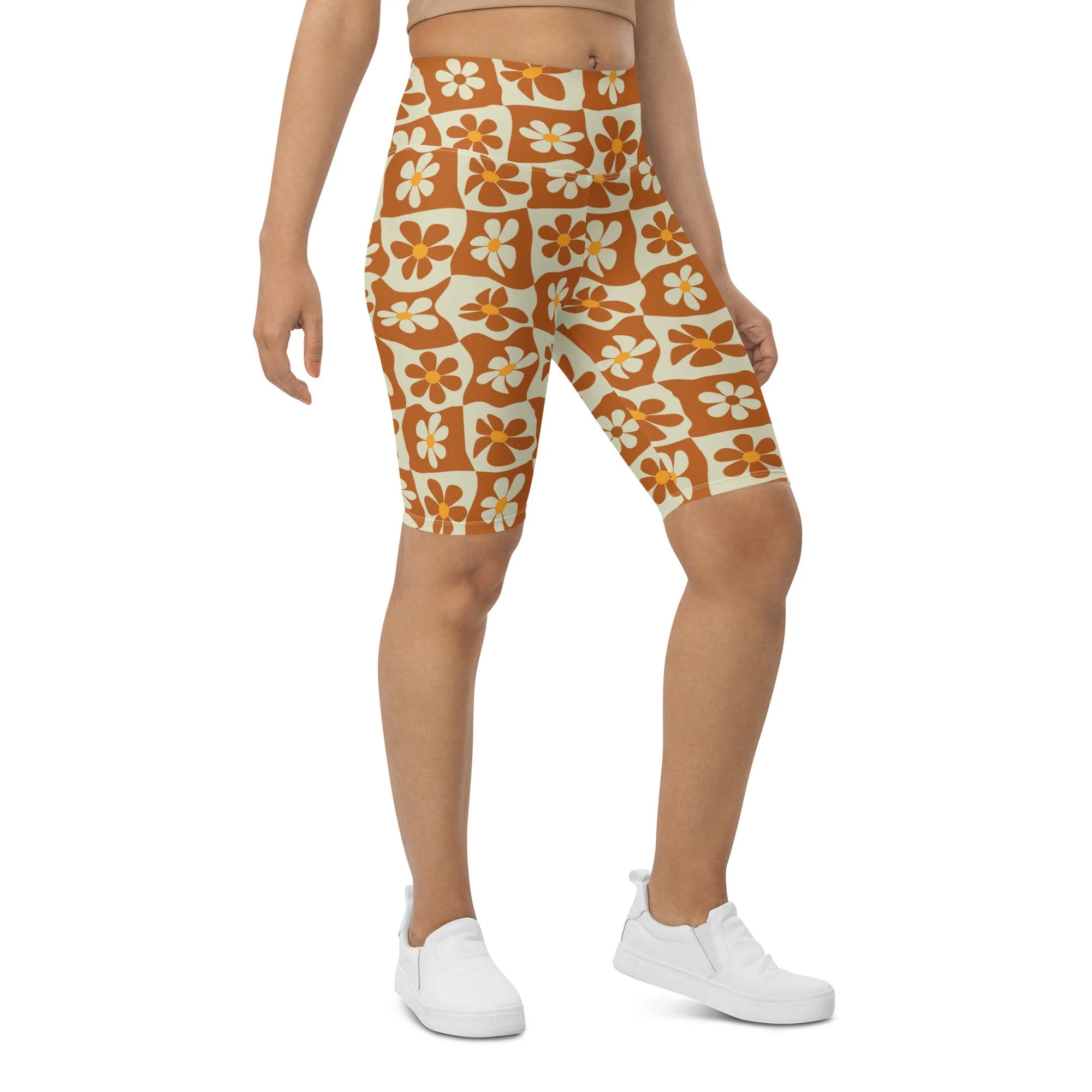 Casual Fit Retro Flower Checkerboard Biker Shorts