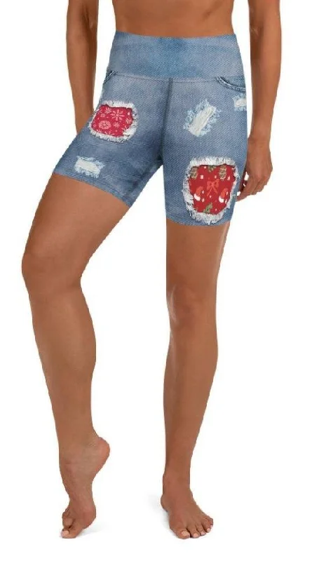 Ripped Denim Christmas Yoga Shorts