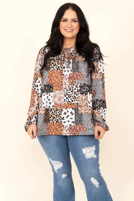 Trendy And Casual Safari Dreams Top, Caramel/Black/Ivory