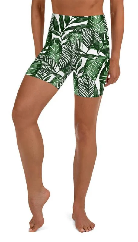 Elegant And Charming Tropical Green Yoga Shorts