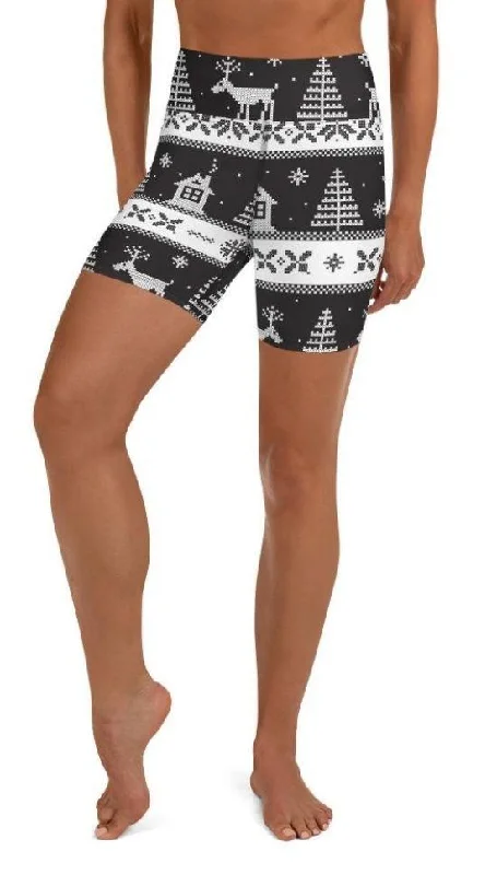 Vintage Black & White Christmas Yoga Shorts